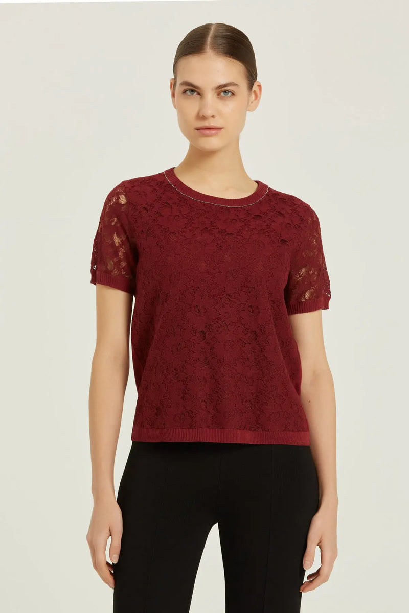 Bordo Dantel Detaylı Kısa Kollu Bluz  Mısırlı 1951