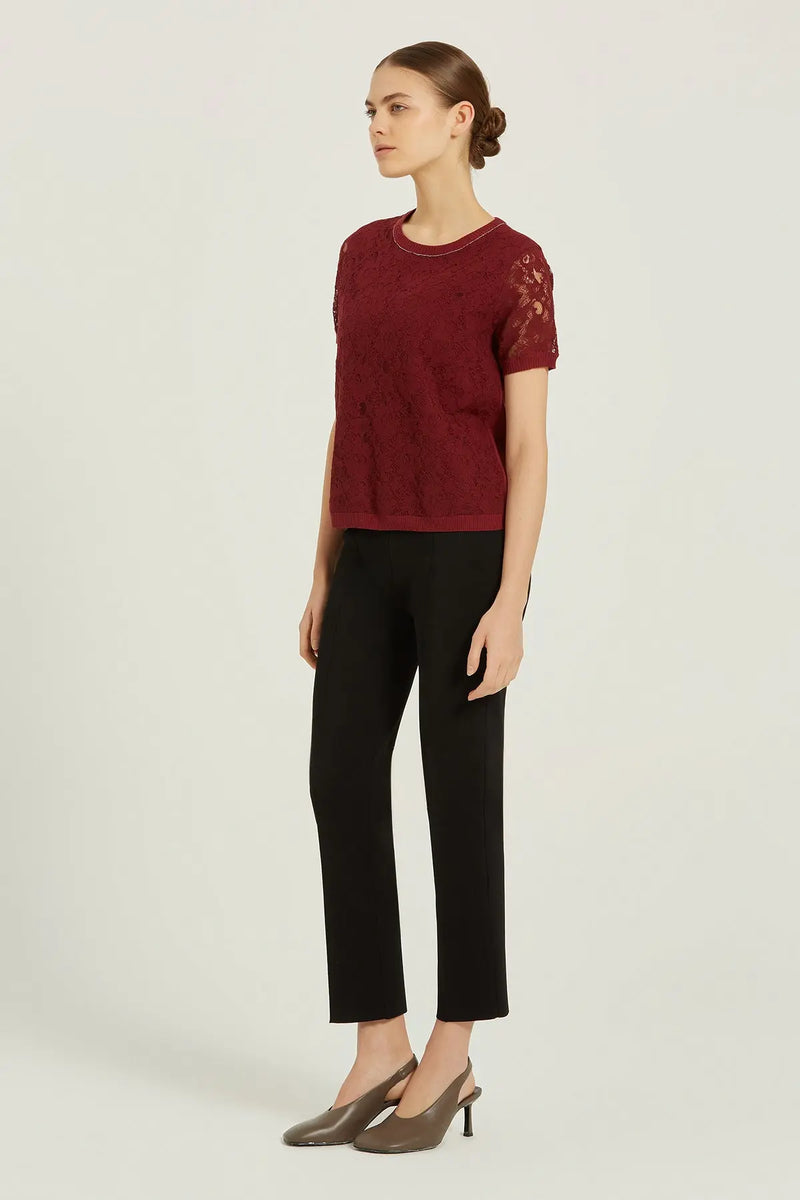 Bordo Dantel Detaylı Kısa Kollu Bluz  Mısırlı 1951