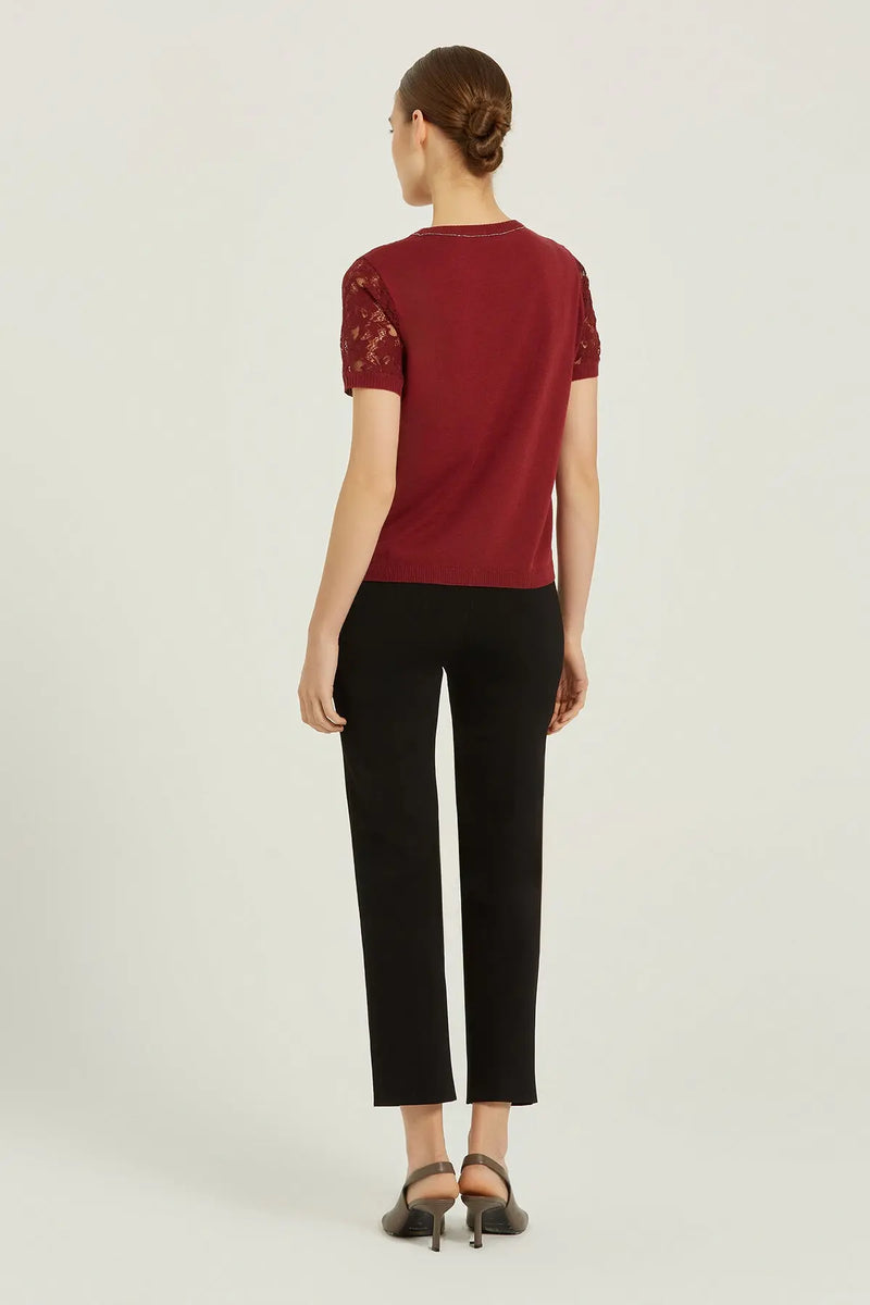 Bordo Dantel Detaylı Kısa Kollu Bluz  Mısırlı 1951