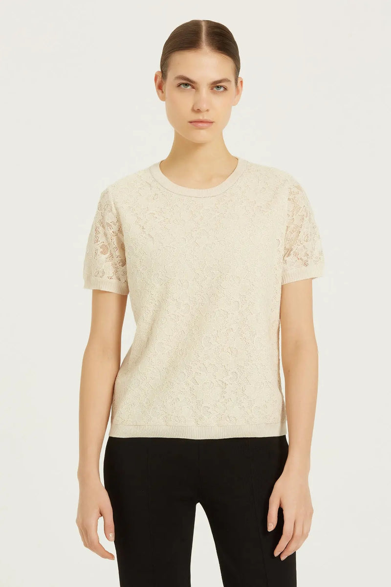 Bej Dantel Detaylı Kısa Kollu Bluz  Mısırlı 1951