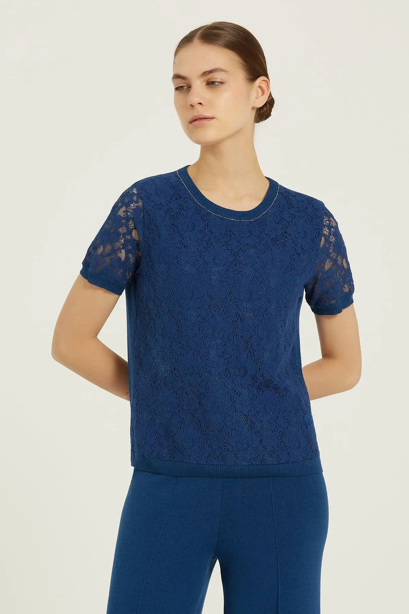 Lacivert Dantel Detaylı Kısa Kollu Bluz  Mısırlı 1951