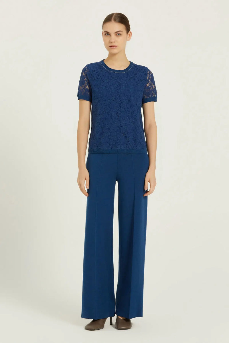 Lacivert Dantel Detaylı Kısa Kollu Bluz  Mısırlı 1951