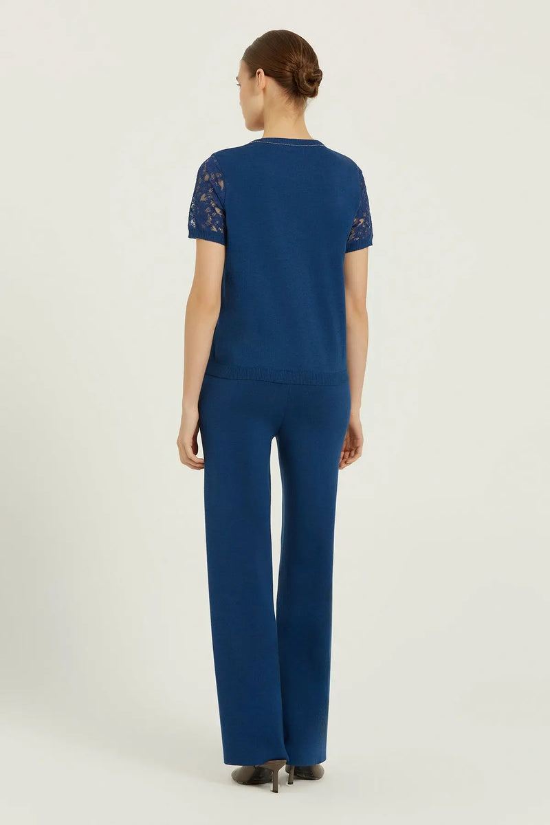 Lacivert Dantel Detaylı Kısa Kollu Bluz  Mısırlı 1951