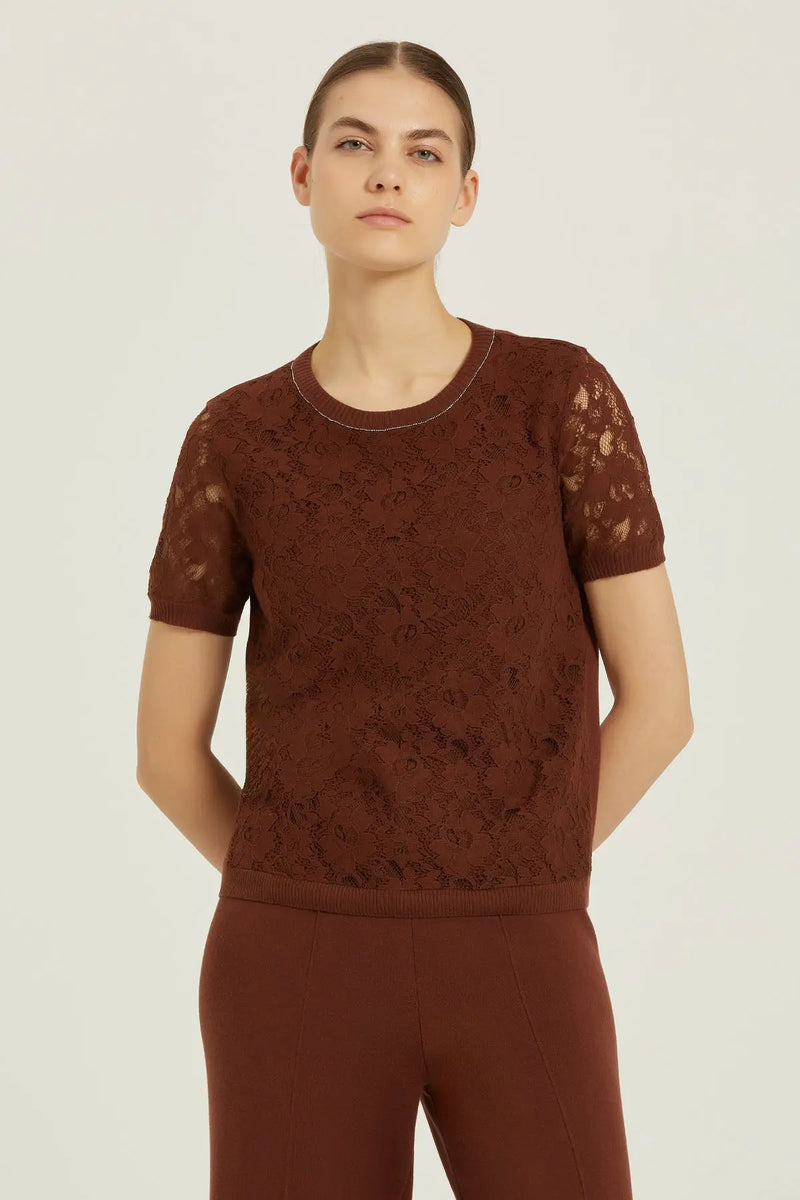 Kahverengi Dantel Detaylı Kısa Kollu Bluz  Mısırlı 1951