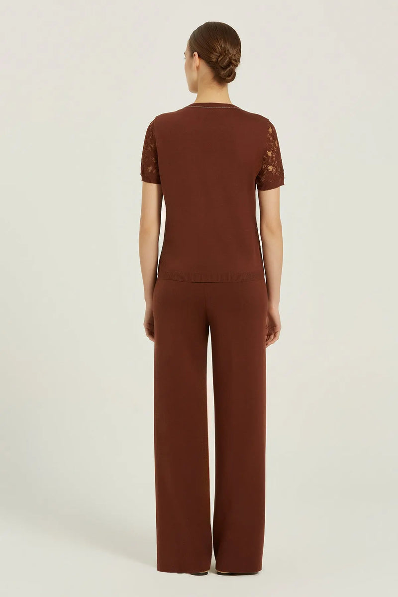 Kahverengi Dantel Detaylı Kısa Kollu Bluz  Mısırlı 1951