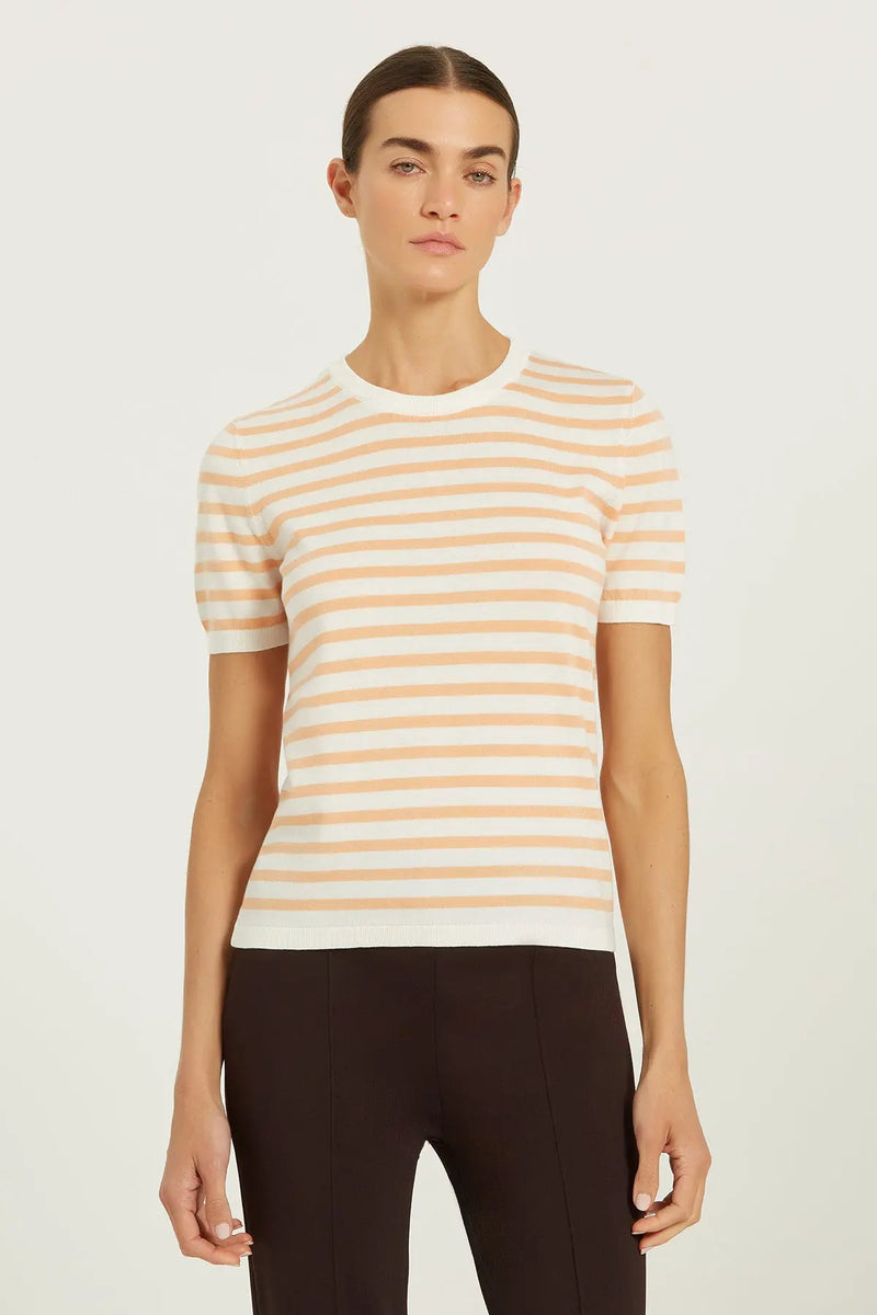 Ekru Şeftali Çizgili Kadın Tişört