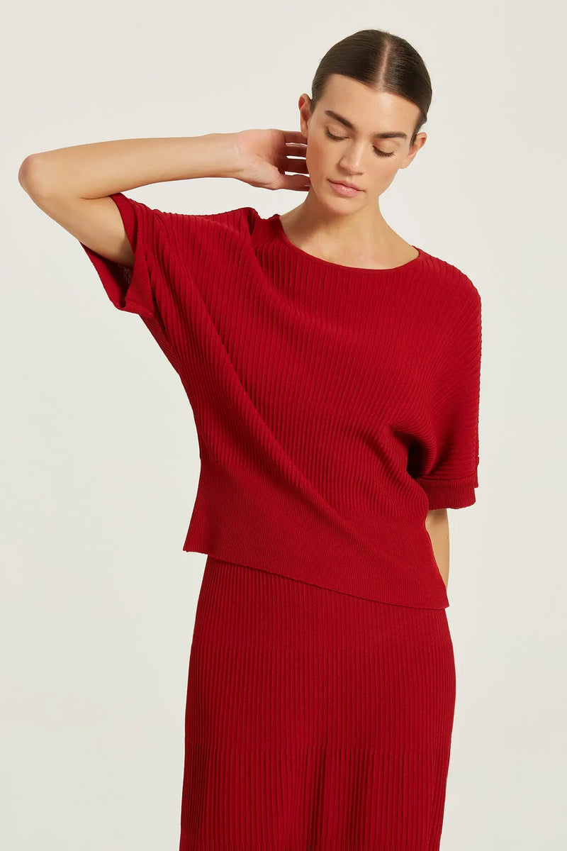 Bordo Nervür Çizgili Yarasa Kol Bluz  Mısırlı 1951