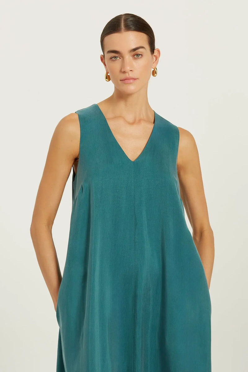 Zümrüt Yeşili Cep Detaylı Kolsuz Uzun Elbise  Mısırlı 1951