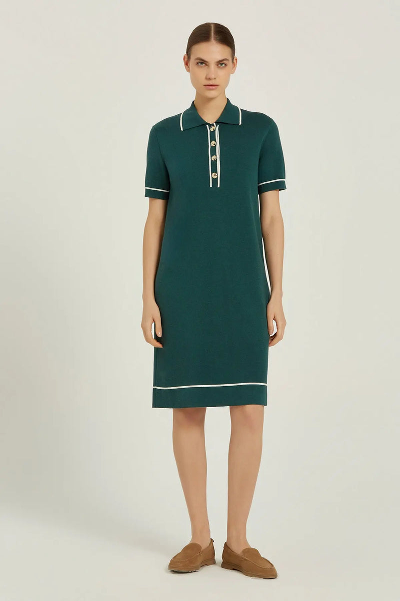 Zümrüt Yeşili Ekru Biyeli Kısa Kollu Elbise  Mısırlı 1951