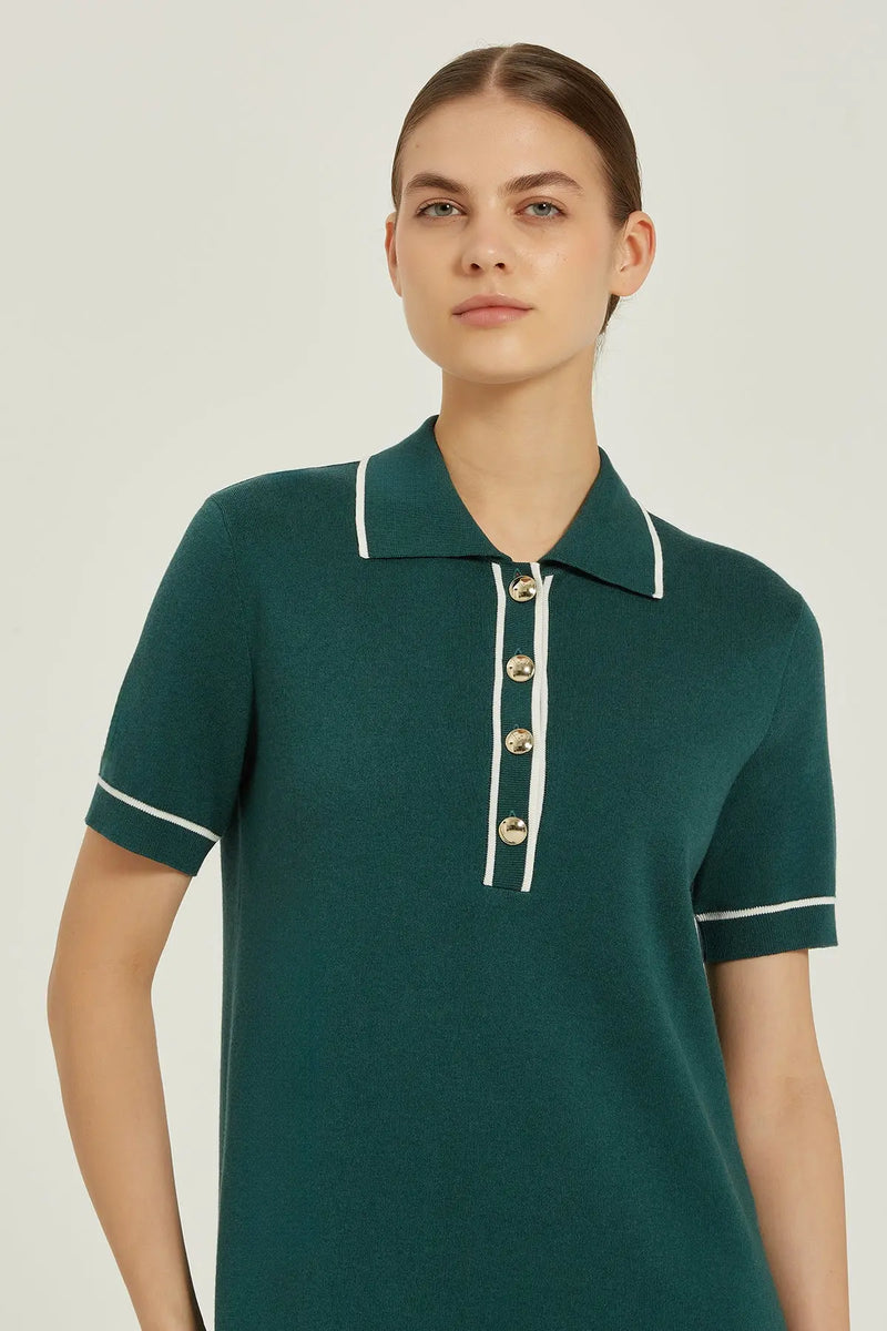 Zümrüt Yeşili Ekru Biyeli Kısa Kollu Elbise  Mısırlı 1951