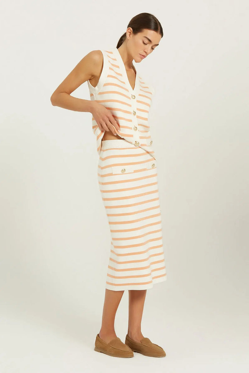 Ekru Şeftali Çizgili Gold Düğmeli Midi Etek  Mısırlı 1951