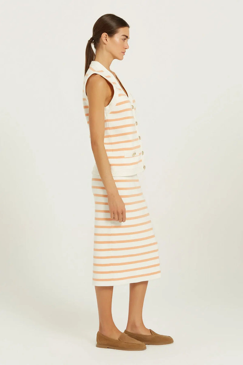 Ekru Şeftali Çizgili Gold Düğmeli Midi Etek  Mısırlı 1951