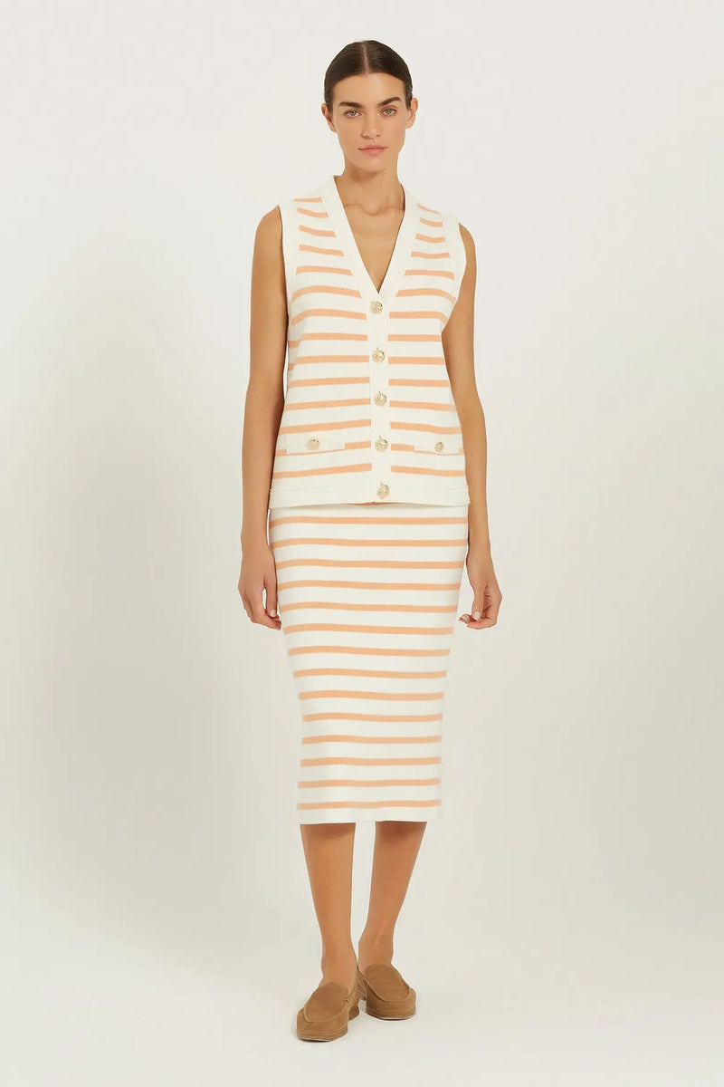 Ekru Şeftali Çizgili Gold Düğmeli Kadın Yelek  Mısırlı 1951