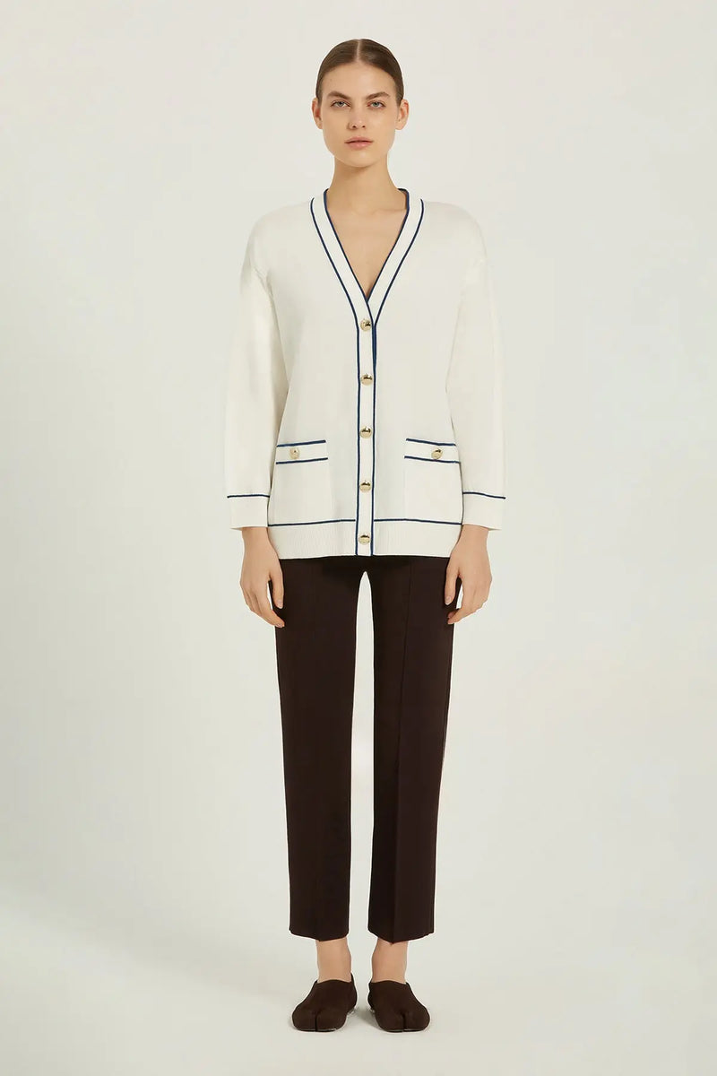 Ekru Lacivert Şeritli Kadın Hırka  Mısırlı 1951