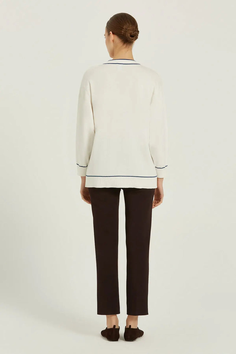 Ekru Lacivert Şeritli Kadın Hırka  Mısırlı 1951