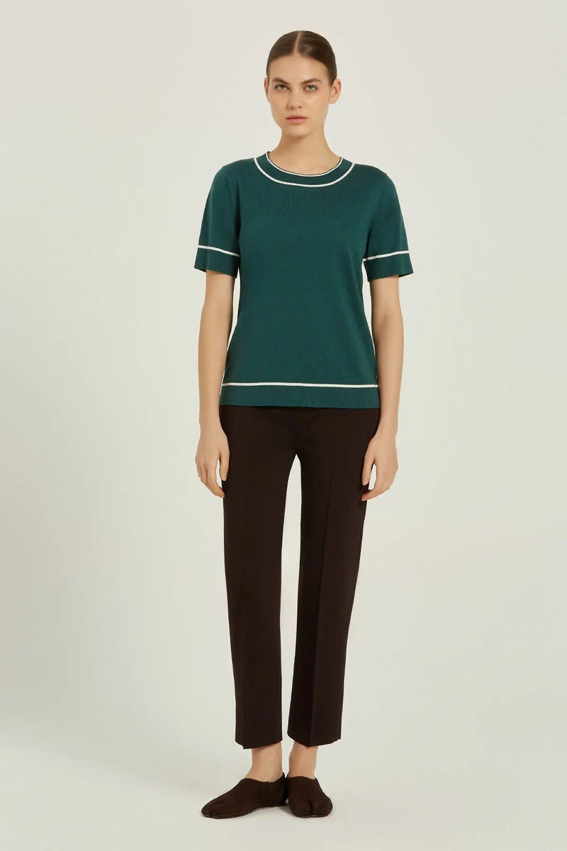 Zümrüt Yeşili Şerit Detaylı Kadın Tişört  Mısırlı 1951