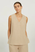 Bej V Yaka Yırtmaç Detaylı Keten Bluz