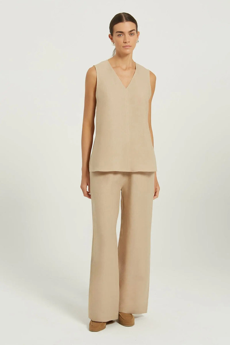 Bej V Yaka Yırtmaç Detaylı Keten Bluz  Mısırlı 1951