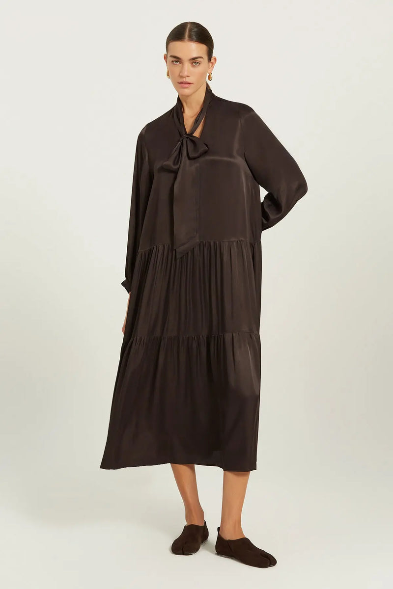 Acı Kahve Fular Detaylı Eteği Büzgülü Elbise  Mısırlı 1951