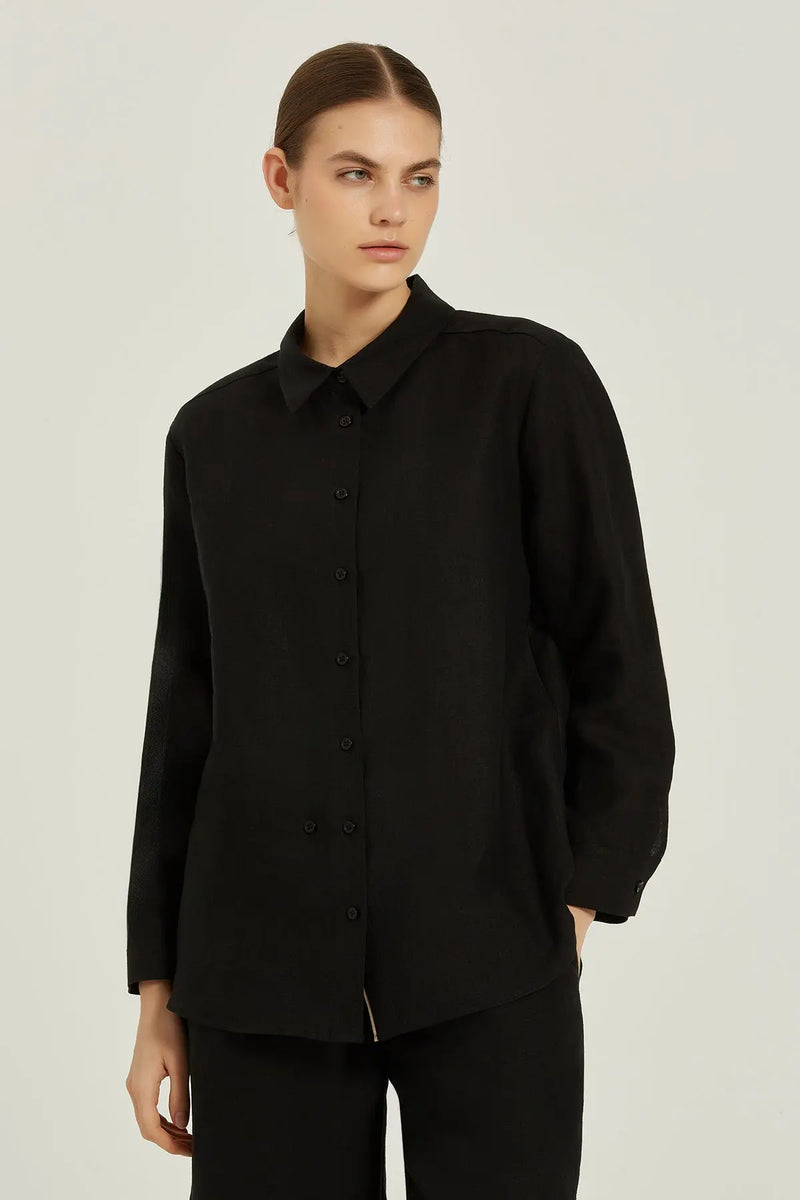 Siyah Uzun Kollu Keten Kadın Gömlek  Mısırlı 1951