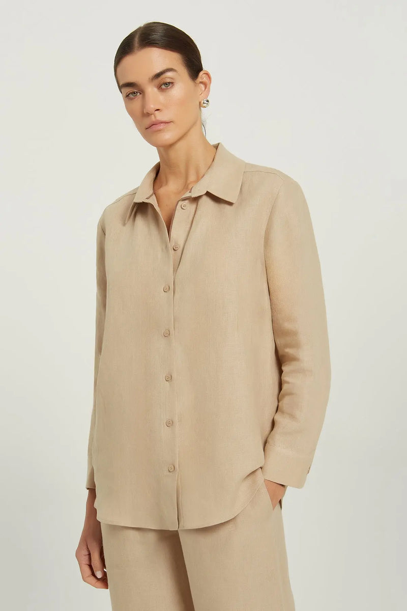 Bej Uzun Kollu Keten Kadın Gömlek  Mısırlı 1951