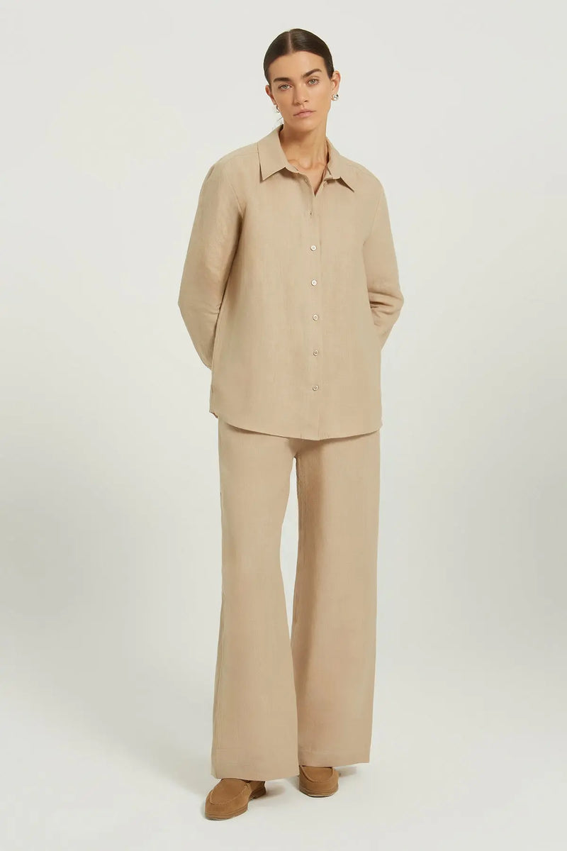 Bej Uzun Kollu Keten Kadın Gömlek  Mısırlı 1951