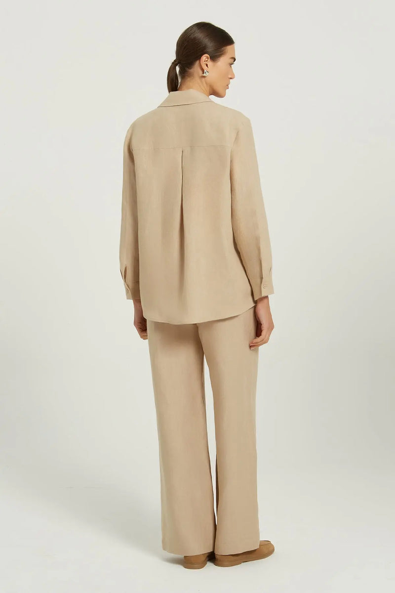 Bej Uzun Kollu Keten Kadın Gömlek  Mısırlı 1951