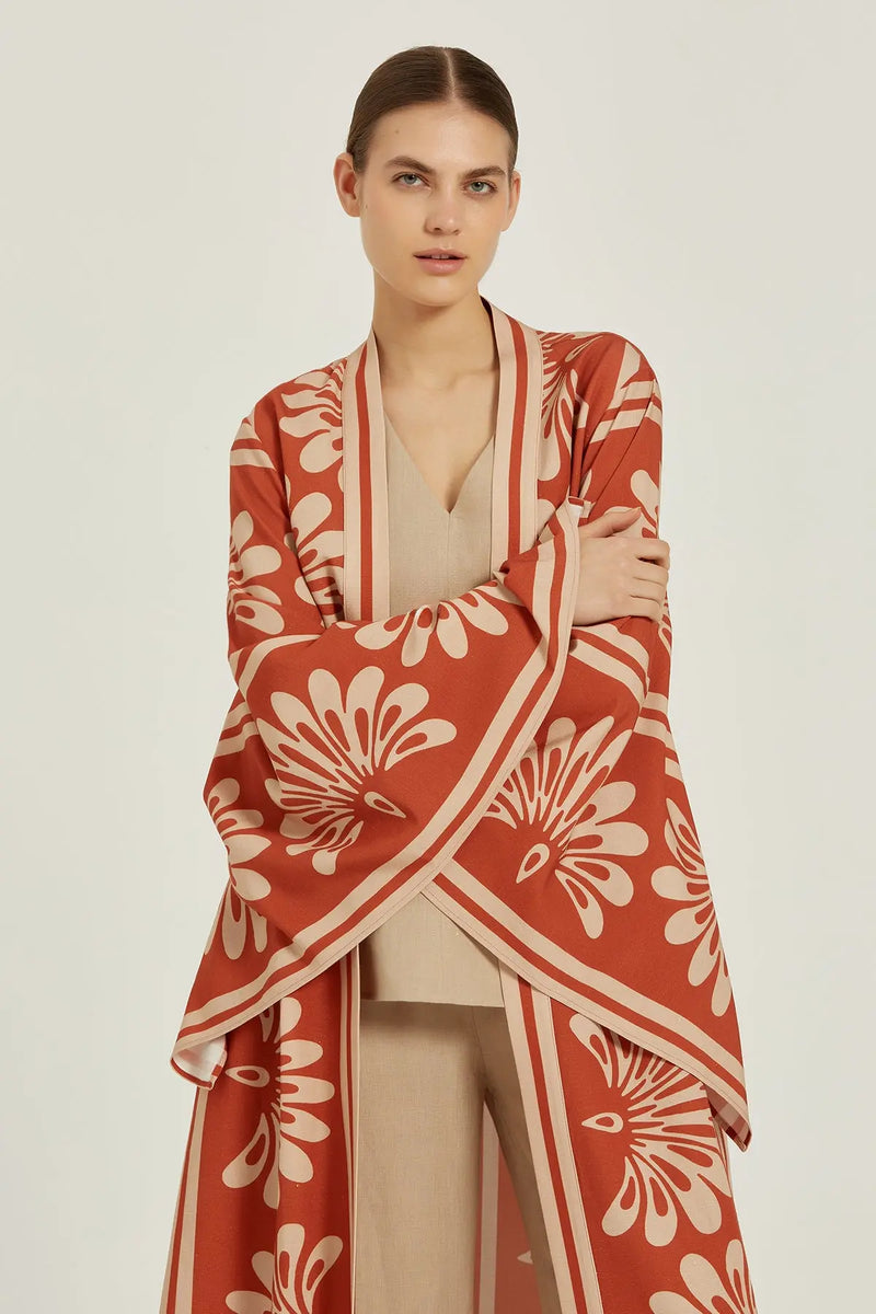 Kahverengi Bej Kuşak Detaylı Kadın Kaftan  Mısırlı 1951