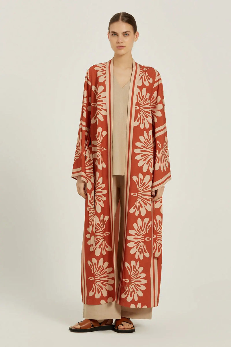 Kahverengi Bej Kuşak Detaylı Kadın Kaftan  Mısırlı 1951