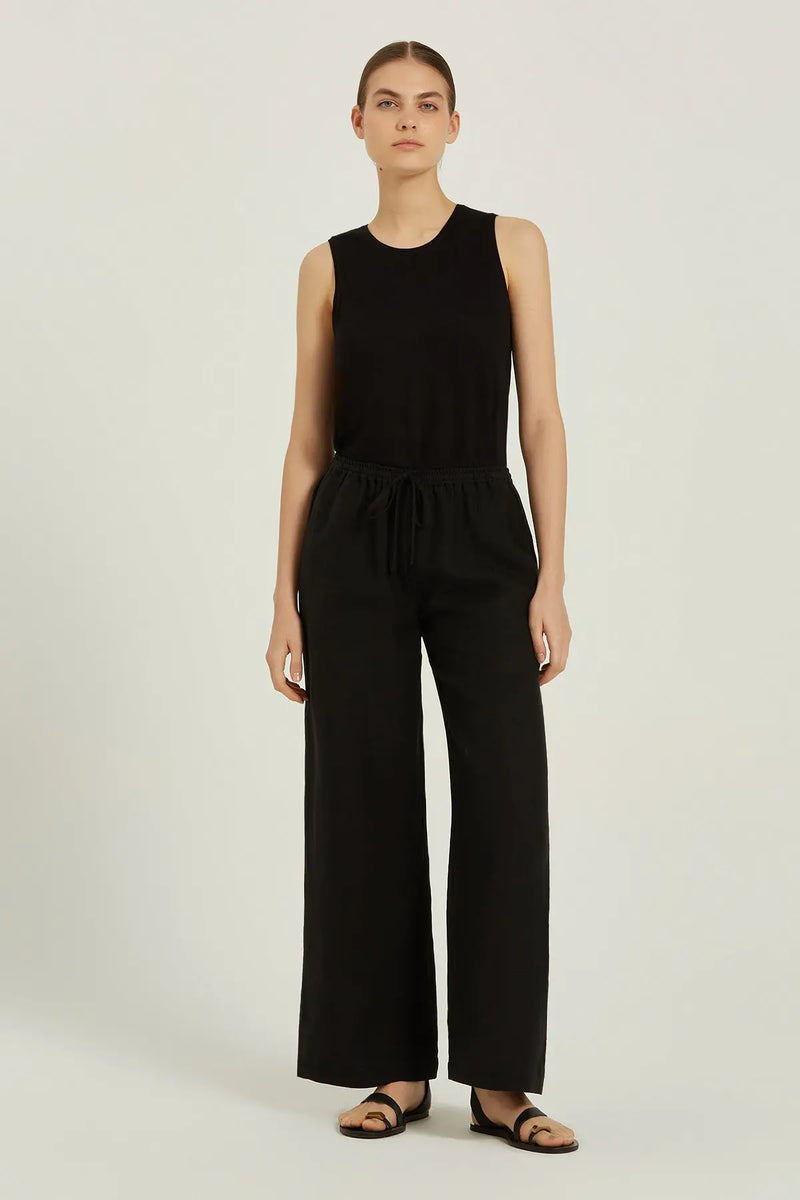 Siyah Beli Bağcıklı Keten Kadın Pantolon  Mısırlı 1951