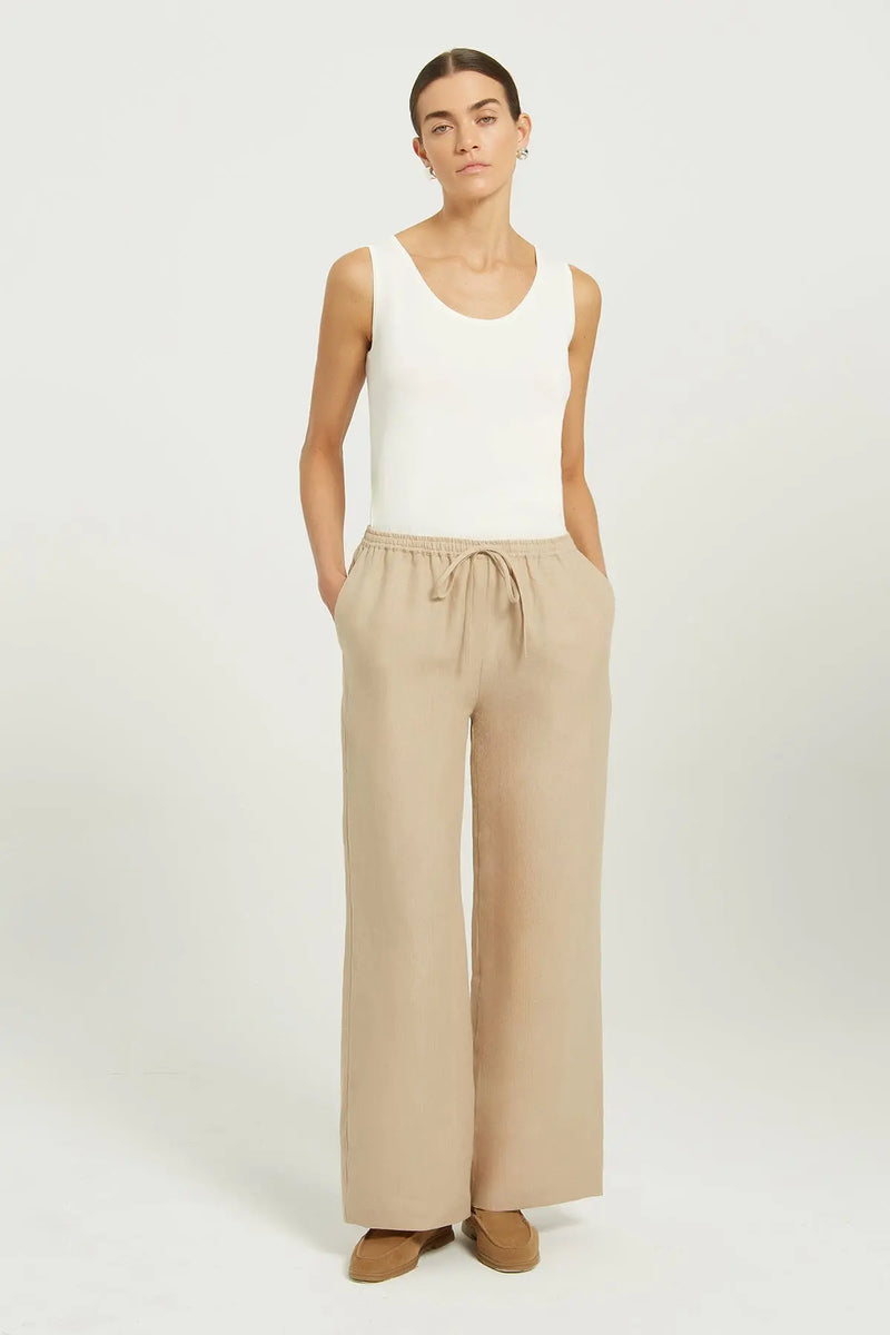 Bej Beli Bağcıklı Keten Kadın Pantolon  Mısırlı 1951