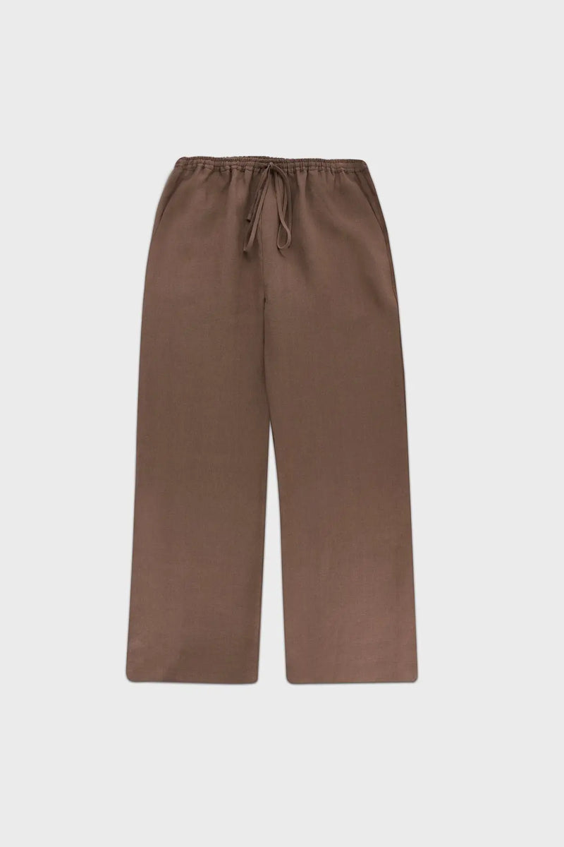 Açık Kahve Beli Bağcıklı Keten Kadın Pantolon
