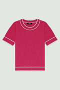 Fuşya Ekru Şeritli Kadın T-Shirt