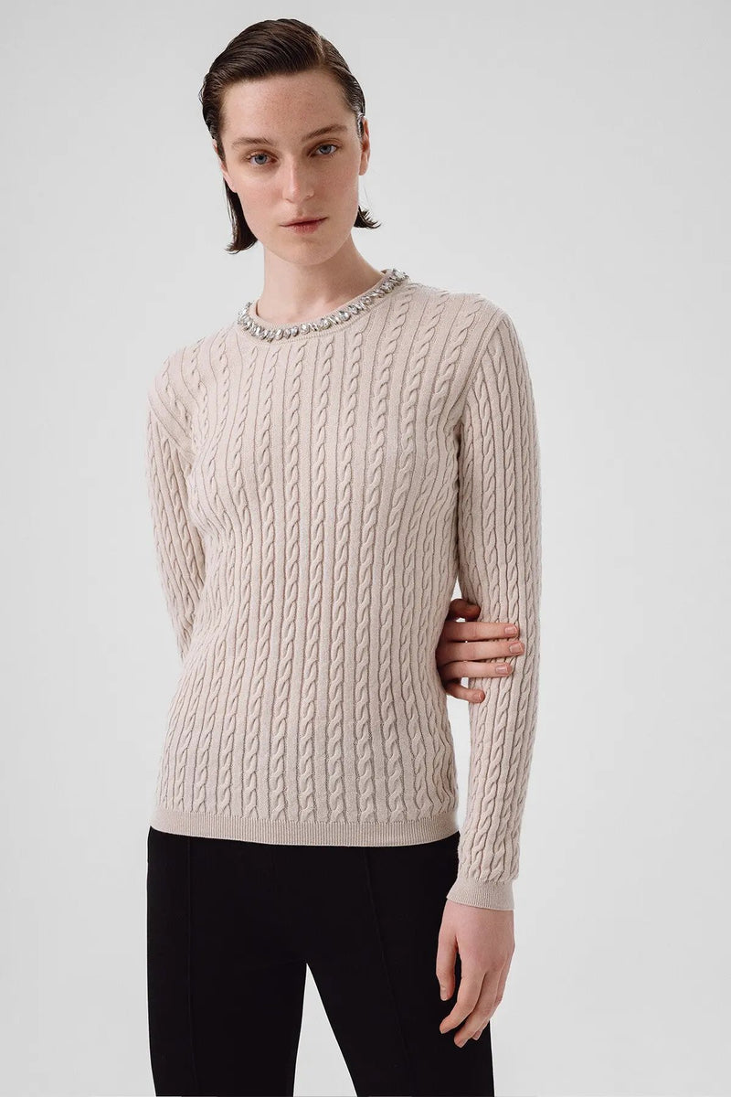 Açık Bej Yakası Taş İşlemeli Kadın Kazak  Mısırlı 1951