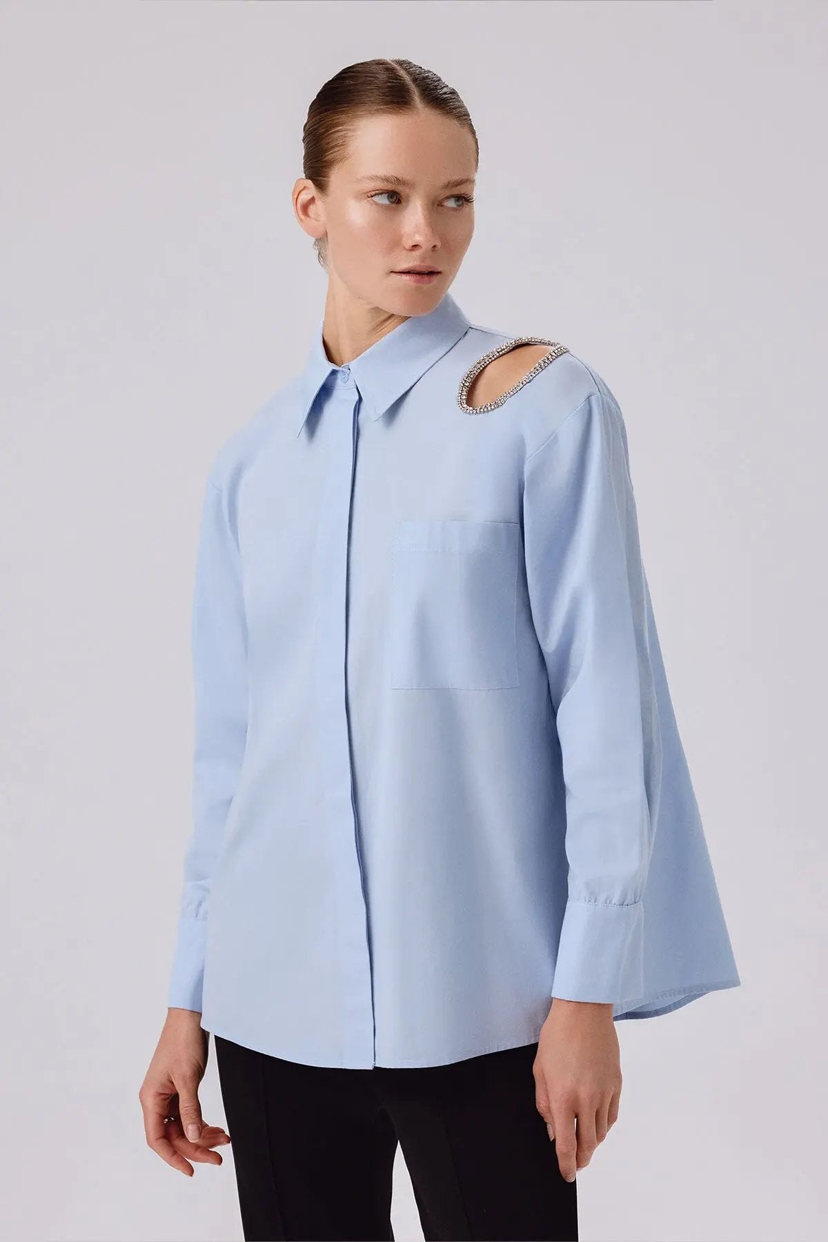 Bebe Mavi Taş İşlemeli Oversize Kadın Gömlek  Mısırlı 1951