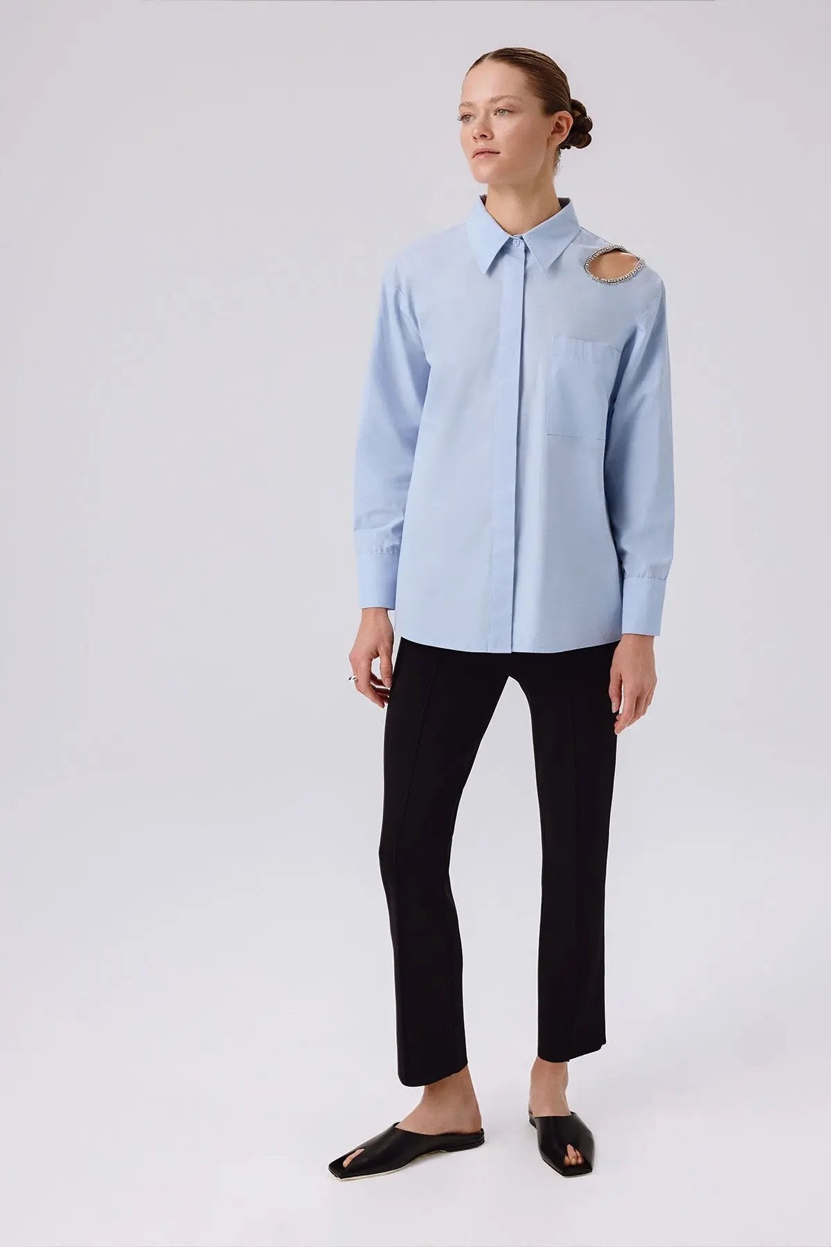 Bebe Mavi Taş İşlemeli Oversize Kadın Gömlek  Mısırlı 1951