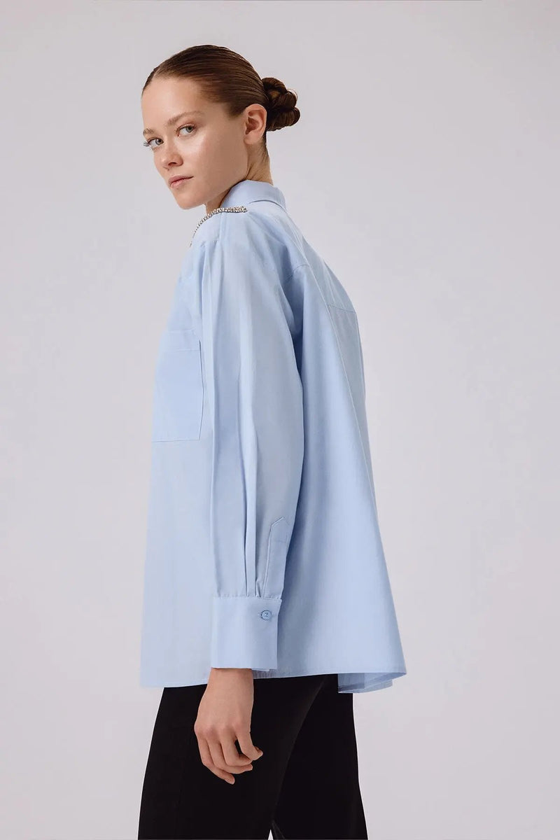 Bebe Mavi Taş İşlemeli Oversize Kadın Gömlek  Mısırlı 1951