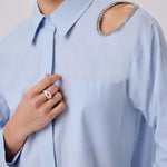 Bebe Mavi Taş İşlemeli Oversize Kadın Gömlek  Mısırlı 1951