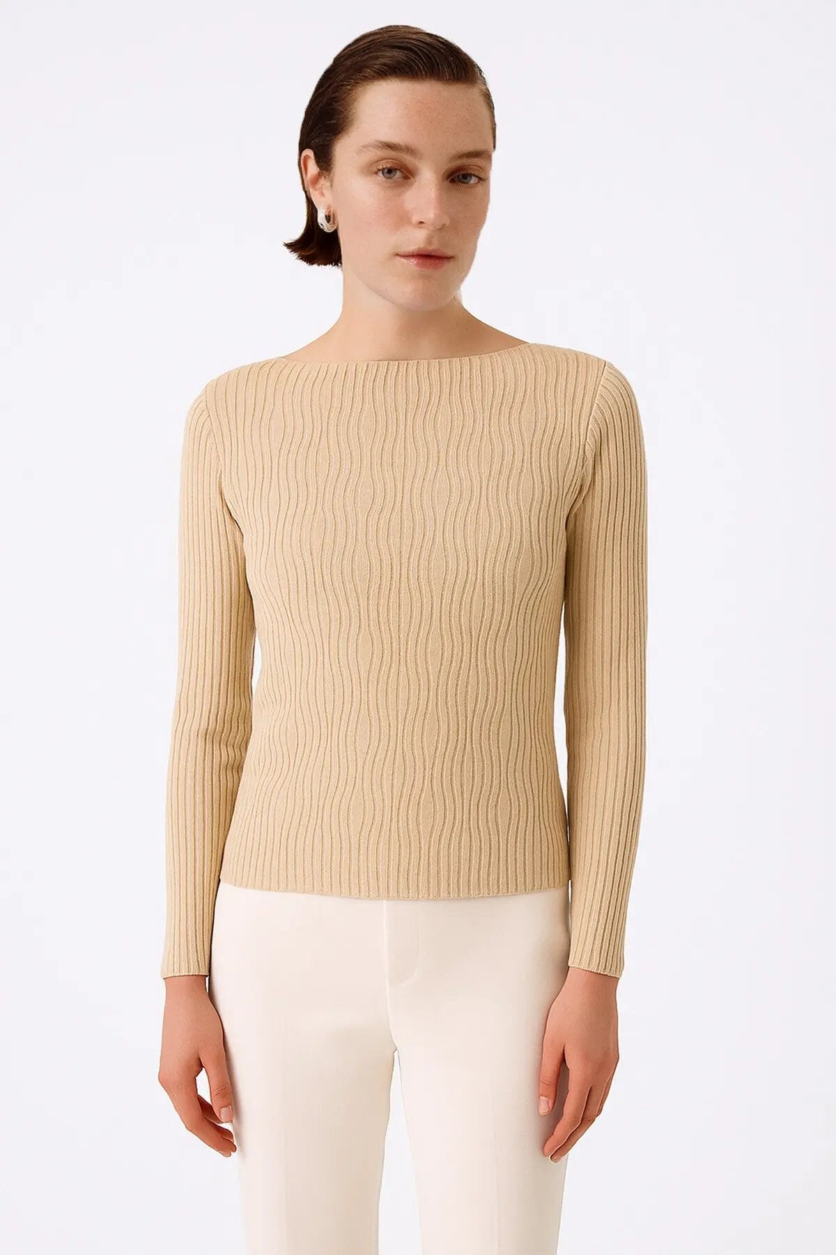 Bej Kayık Yaka Desenli Kadın Kazak  Mısırlı 1951