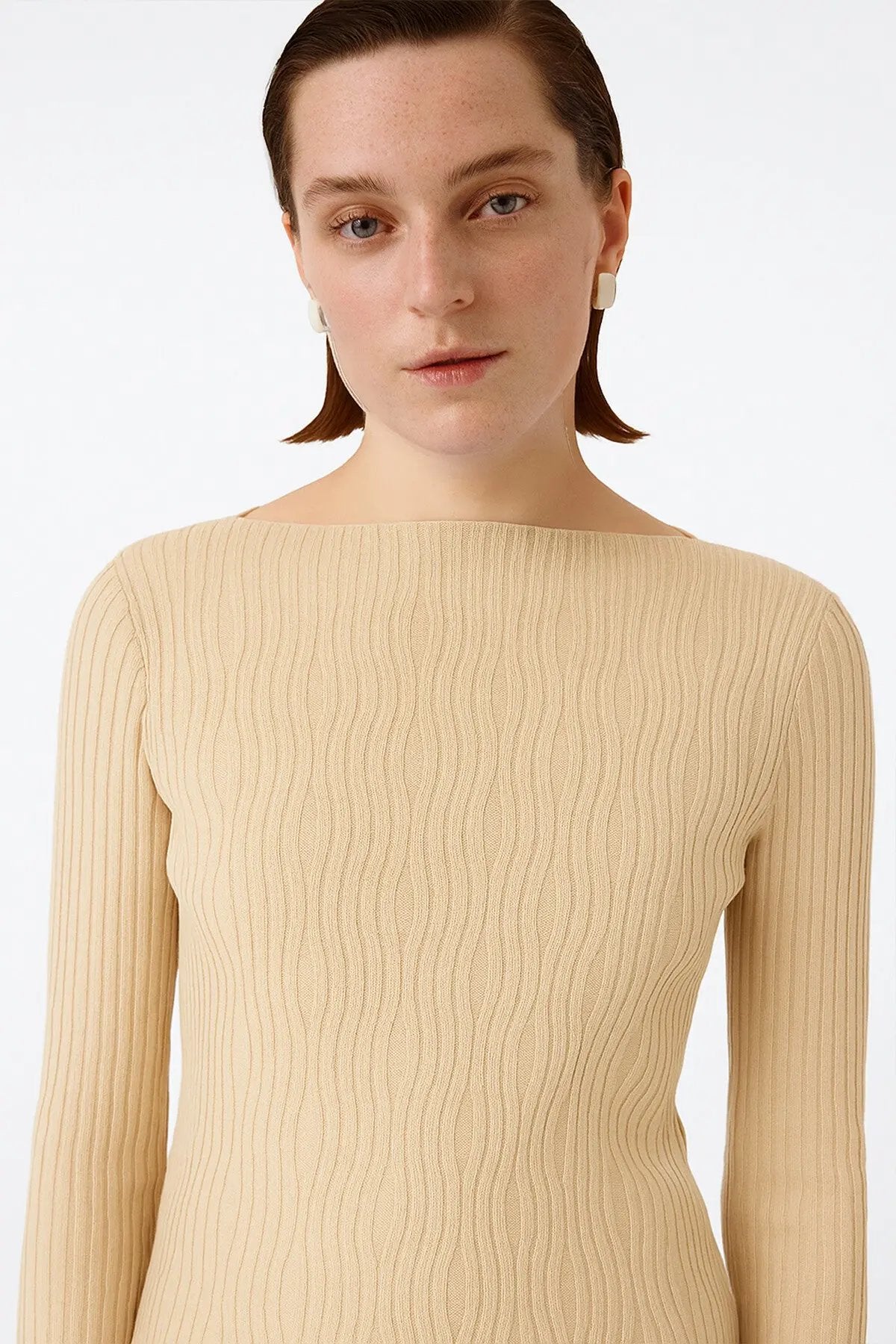 Bej Kayık Yaka Desenli Kadın Kazak  Mısırlı 1951