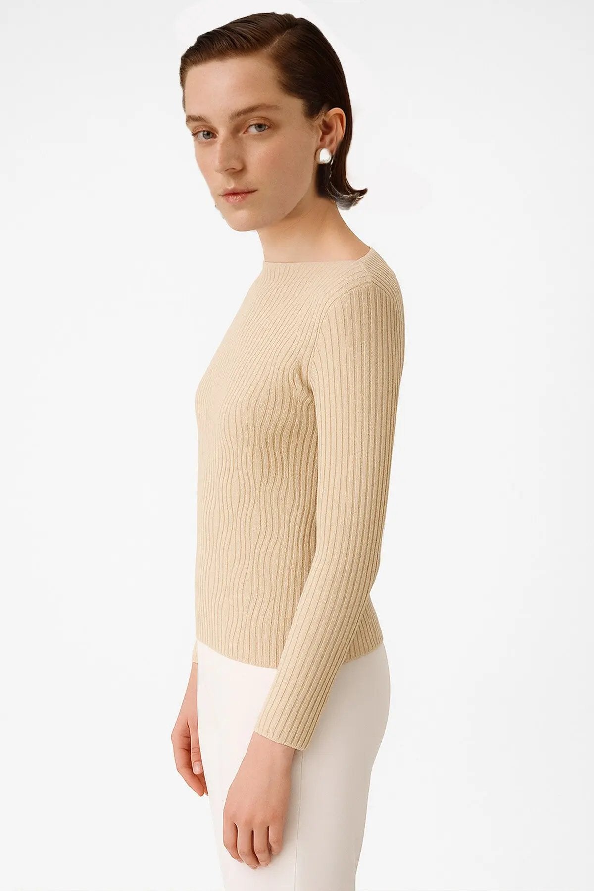 Bej Kayık Yaka Desenli Kadın Kazak  Mısırlı 1951