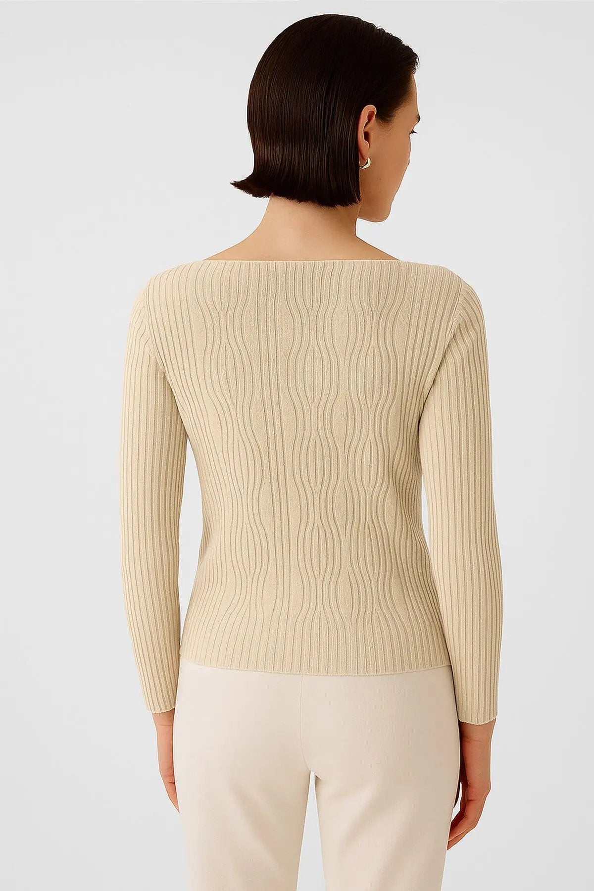 Bej Kayık Yaka Desenli Kadın Kazak  Mısırlı 1951