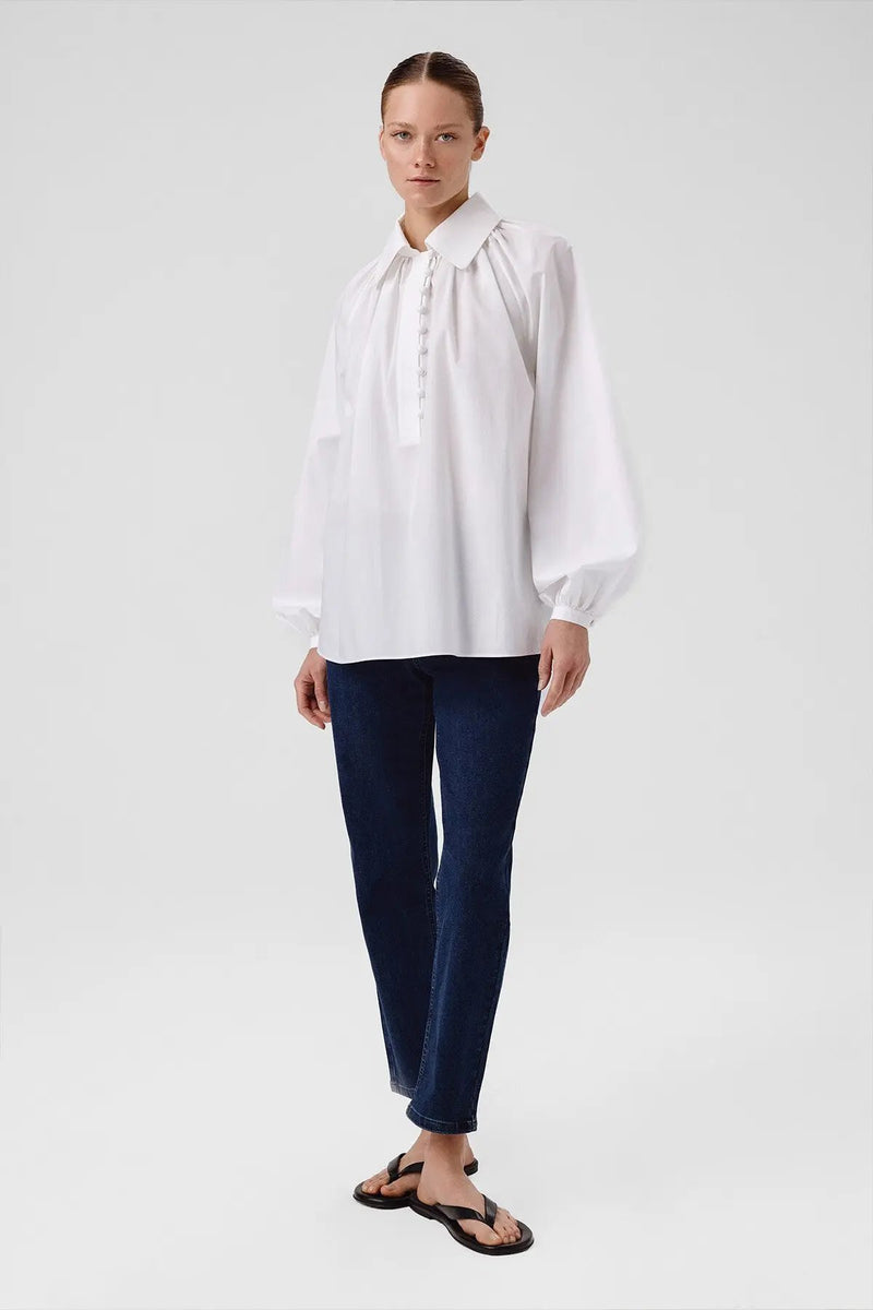 Beyaz Balon Kollu Düğme Detaylı Bluz  Mısırlı 1951