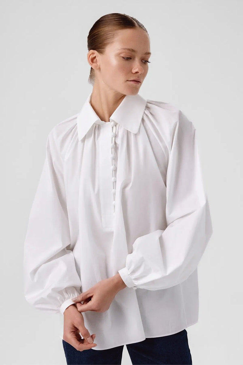 Beyaz Balon Kollu Düğme Detaylı Bluz  Mısırlı 1951