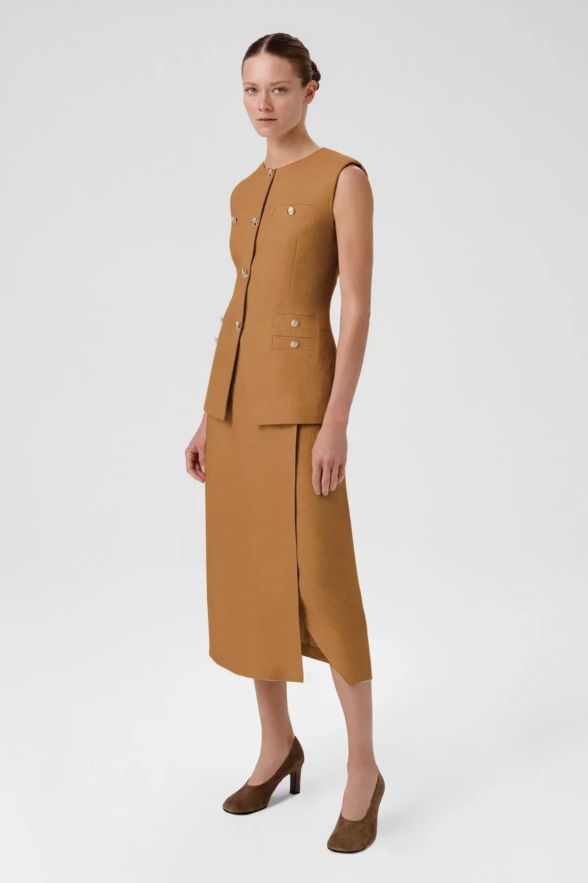 Camel Gold Düğmeli Cep Detaylı Kadın Yelek  Mısırlı 1951