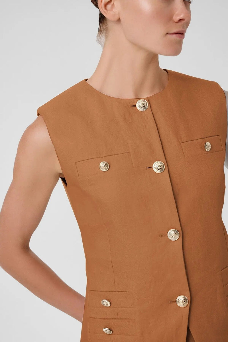 Camel Gold Düğmeli Cep Detaylı Kadın Yelek  Mısırlı 1951