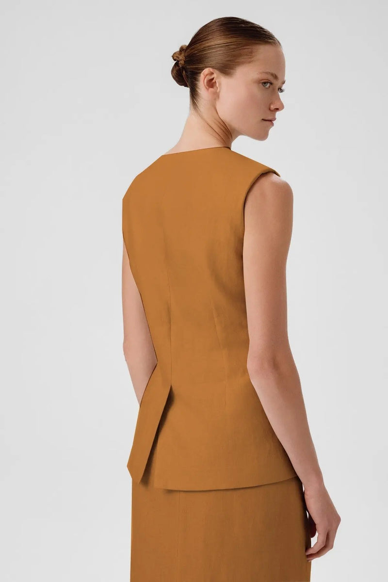 Camel Gold Düğmeli Cep Detaylı Kadın Yelek  Mısırlı 1951
