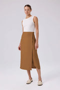 Camel Kruvaze Asimetrik Yırtmaçlı Midi Etek