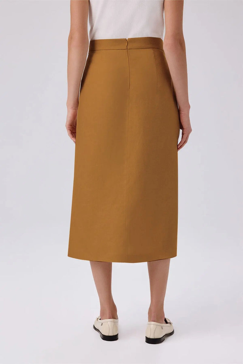 Camel Kruvaze Asimetrik Yırtmaçlı Midi Etek