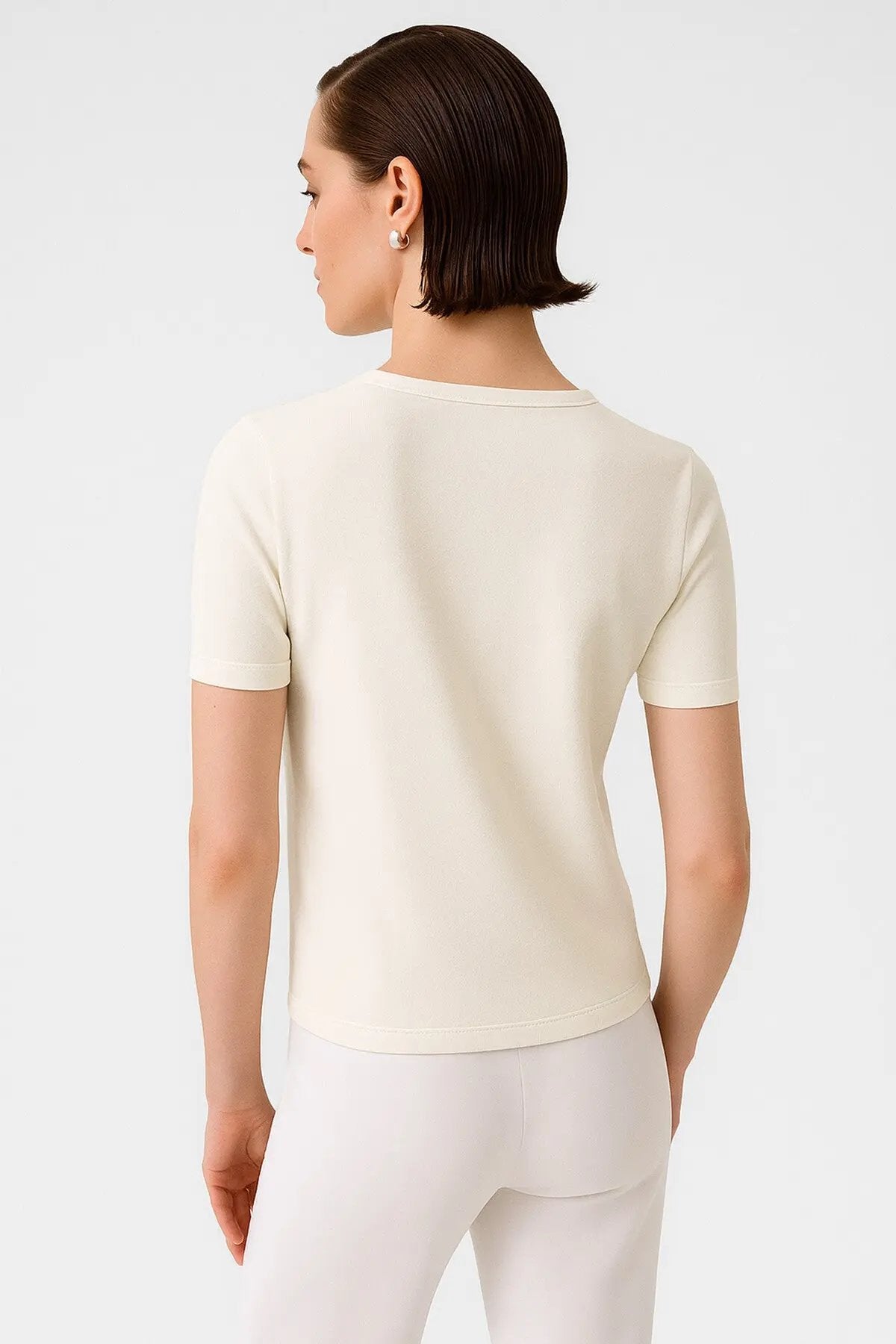 Ekru Bisiklet Yaka Kısa Kollu Kadın Kazak  Mısırlı 1951